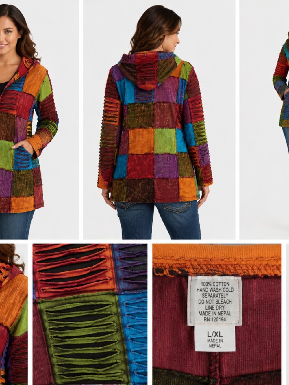 Multicolor Patchwork L/XL Hooded Zipper Jacket 100% Cotton